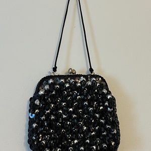 5” Women’s Purse Handbag Satchel Vintage Black Silver Beads 6” Strap Free Ship